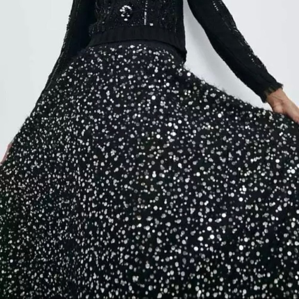 NWT ZARA Limited Edition Silver Sequin & Pearls HOLIDAY Maxi SMALL Dress FALL - Picture 12 of 13